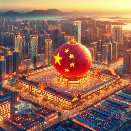 "A bustling Chinese pharmacy with shelves overflowing with colorful medications, a pharmacist in a white coat consulting with a patient, and a modern pharmaceutical factory in the background."